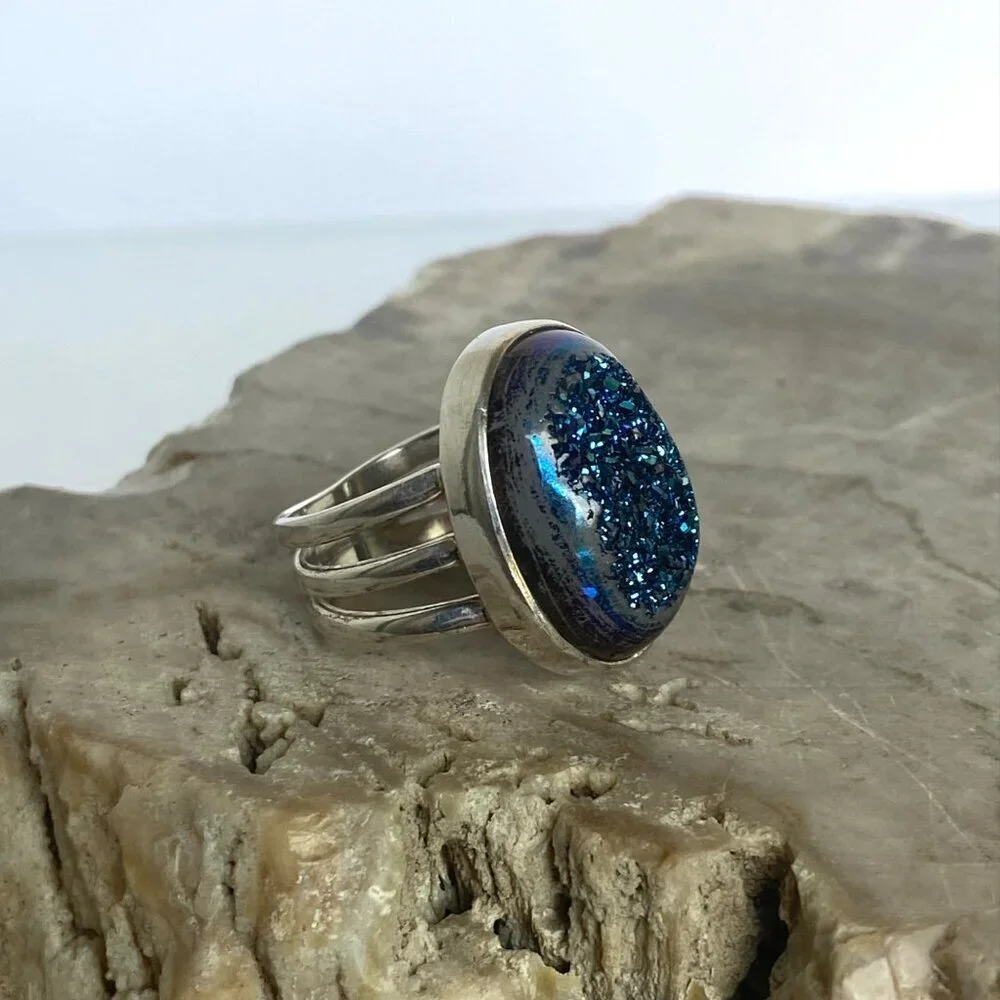 Sterling Silver 925 India Oval Blue Titanium Druzy Triple Band Ring Sz 7